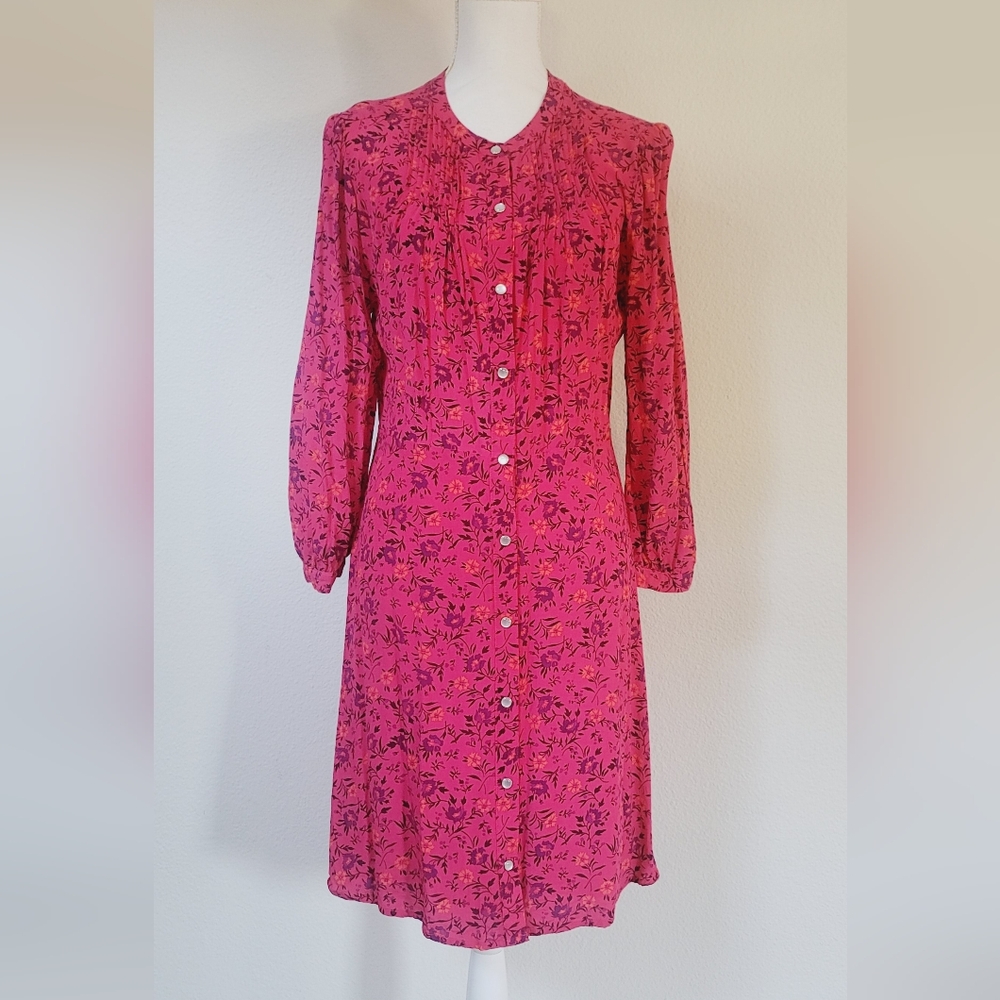 GAP hot pink floral pintuck long sleeve dress 12 Tall